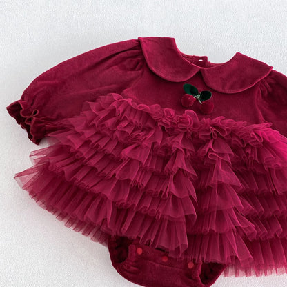 Baby Girls Long Sleeves Tulle Patchwork Warm Bodysuit Dress