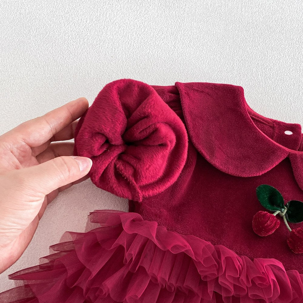 Baby Girls Long Sleeves Tulle Patchwork Warm Bodysuit Dress