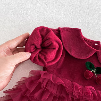Baby Girls Long Sleeves Tulle Patchwork Warm Bodysuit Dress