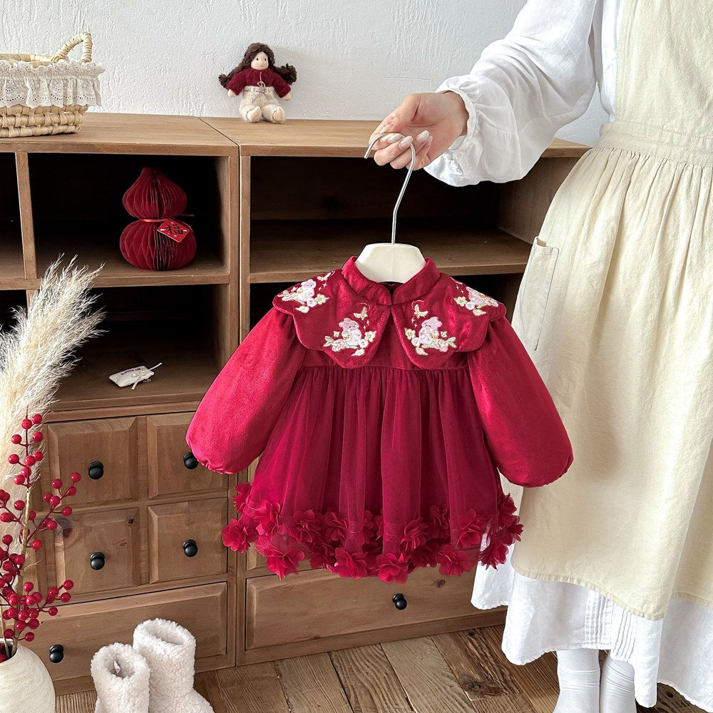 Baby Girls Long Sleeves Tulle Patchwork Warm Bodysuit Dress