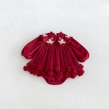 Baby Girls Long Sleeves Tulle Patchwork Warm Bodysuit Dress