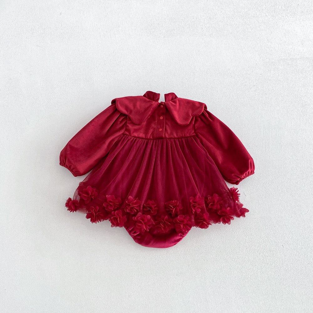 Baby Girls Long Sleeves Tulle Patchwork Warm Bodysuit Dress