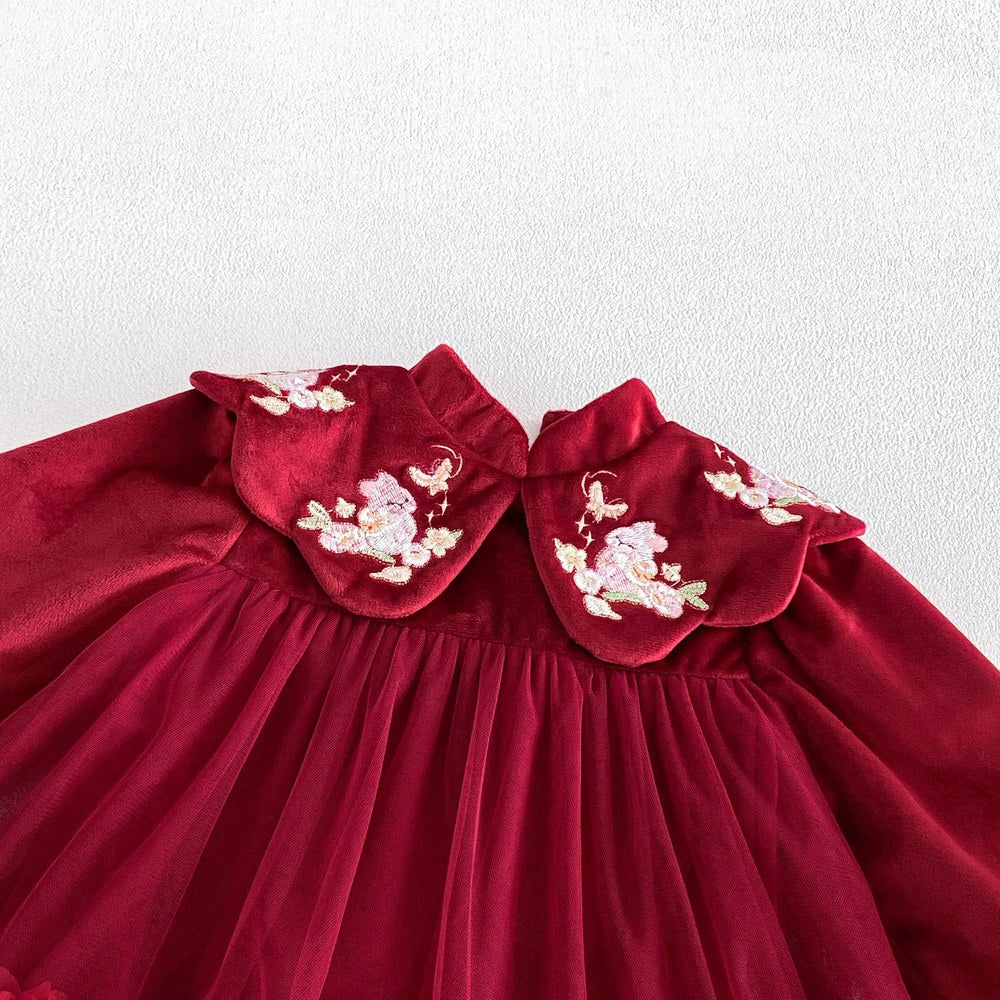 Baby Girls Long Sleeves Tulle Patchwork Warm Bodysuit Dress