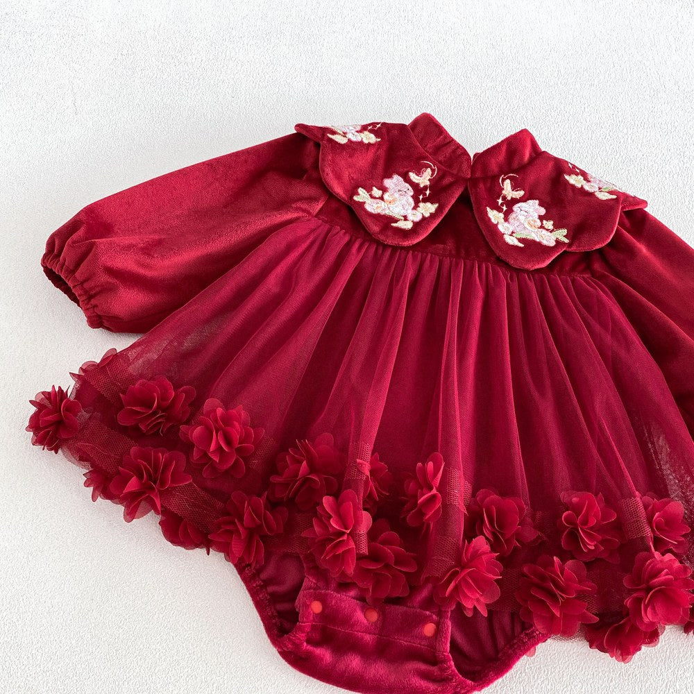 Baby Girls Long Sleeves Tulle Patchwork Warm Bodysuit Dress