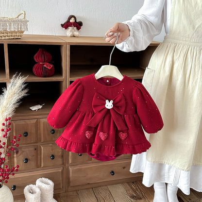 Baby Girls Long Sleeves Dots Pattern Warm Bodysuit Dress