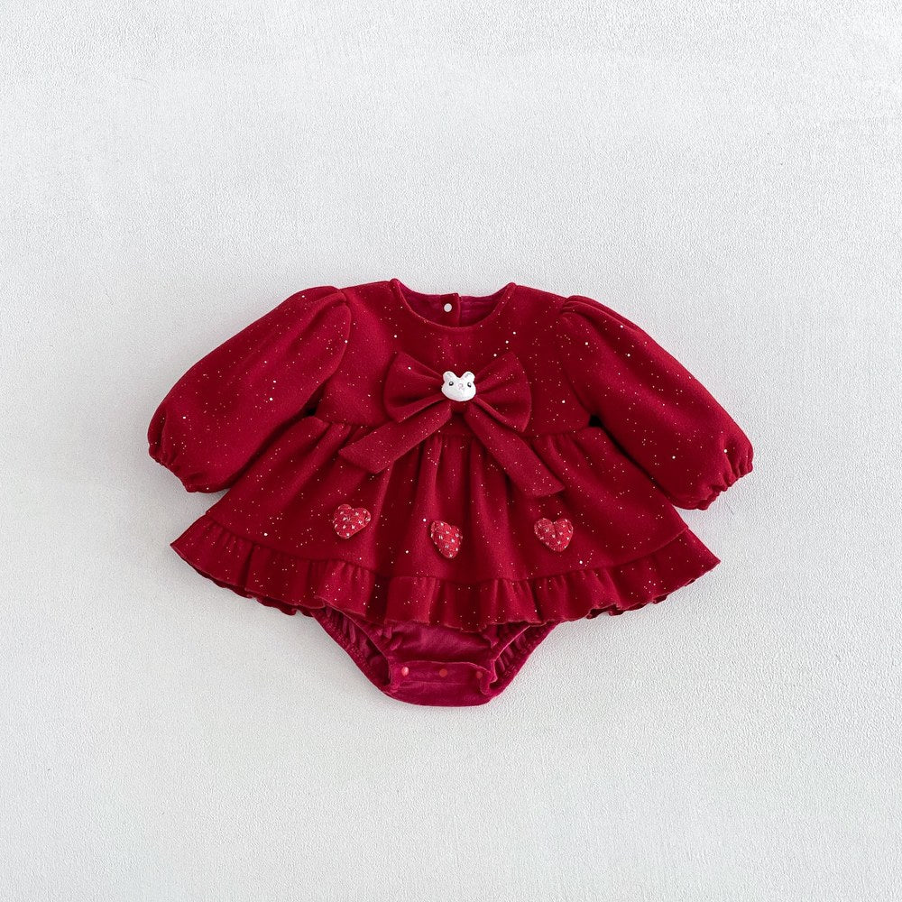 Baby Girls Long Sleeves Dots Pattern Warm Bodysuit Dress