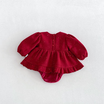 Baby Girls Long Sleeves Dots Pattern Warm Bodysuit Dress