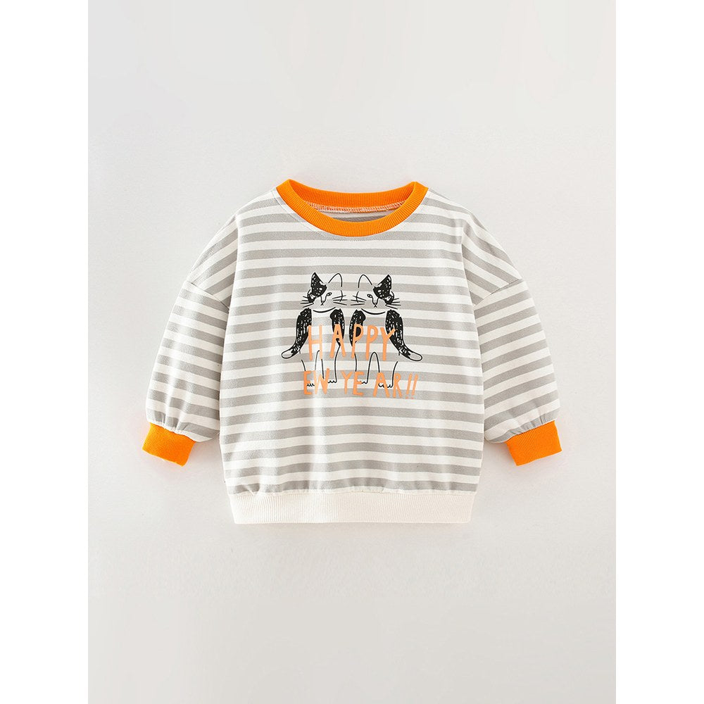 Kids Cartoon and Striped Pattern Crew Neck Long Sleeves Top