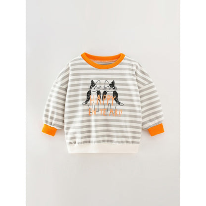 Kids Cartoon and Striped Pattern Crew Neck Long Sleeves Top