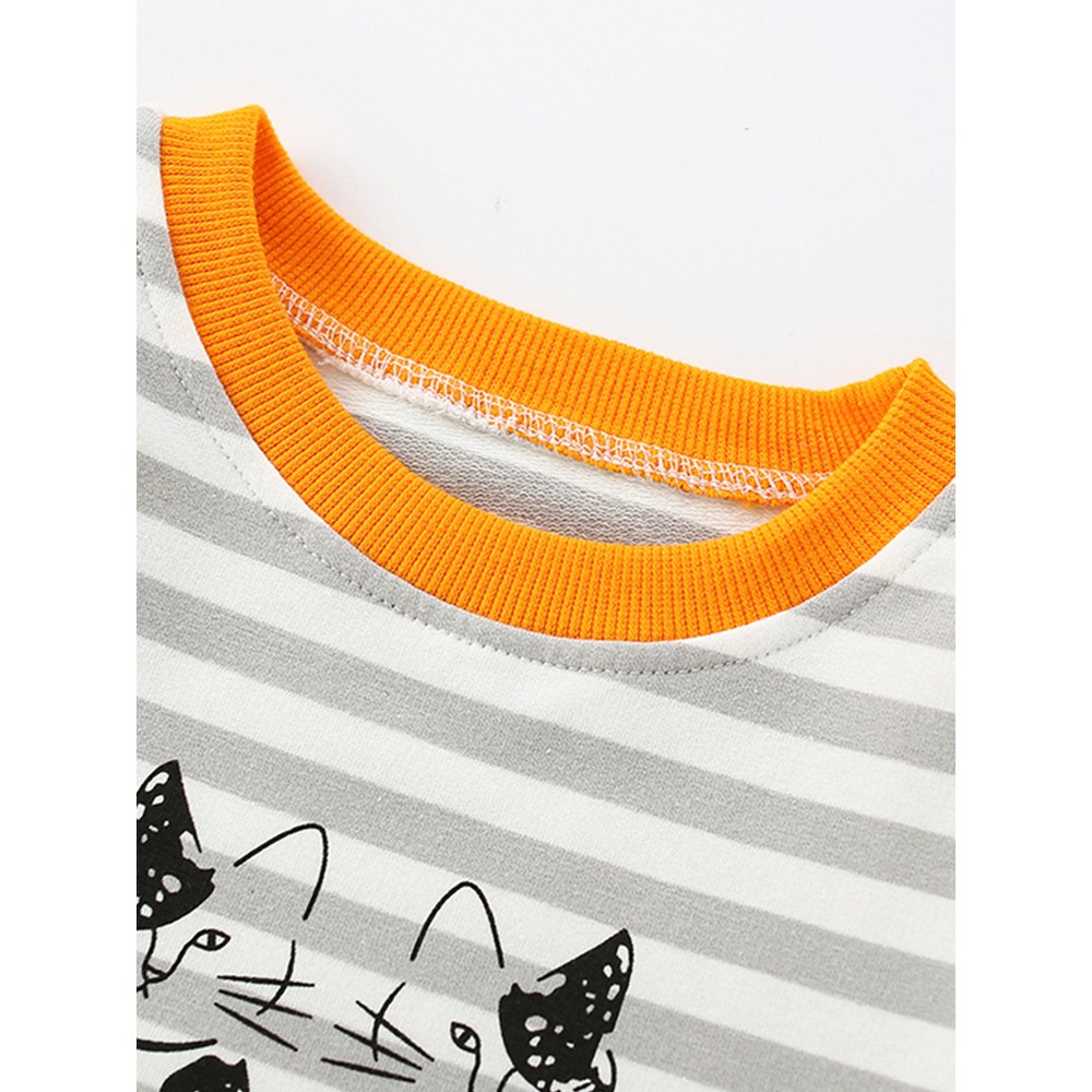 Kids Cartoon and Striped Pattern Crew Neck Long Sleeves Top