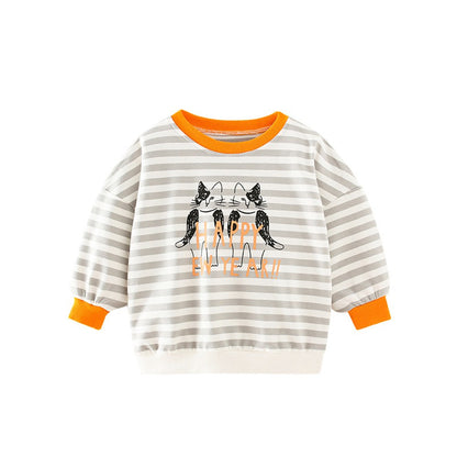 Kids Cartoon and Striped Pattern Crew Neck Long Sleeves Top