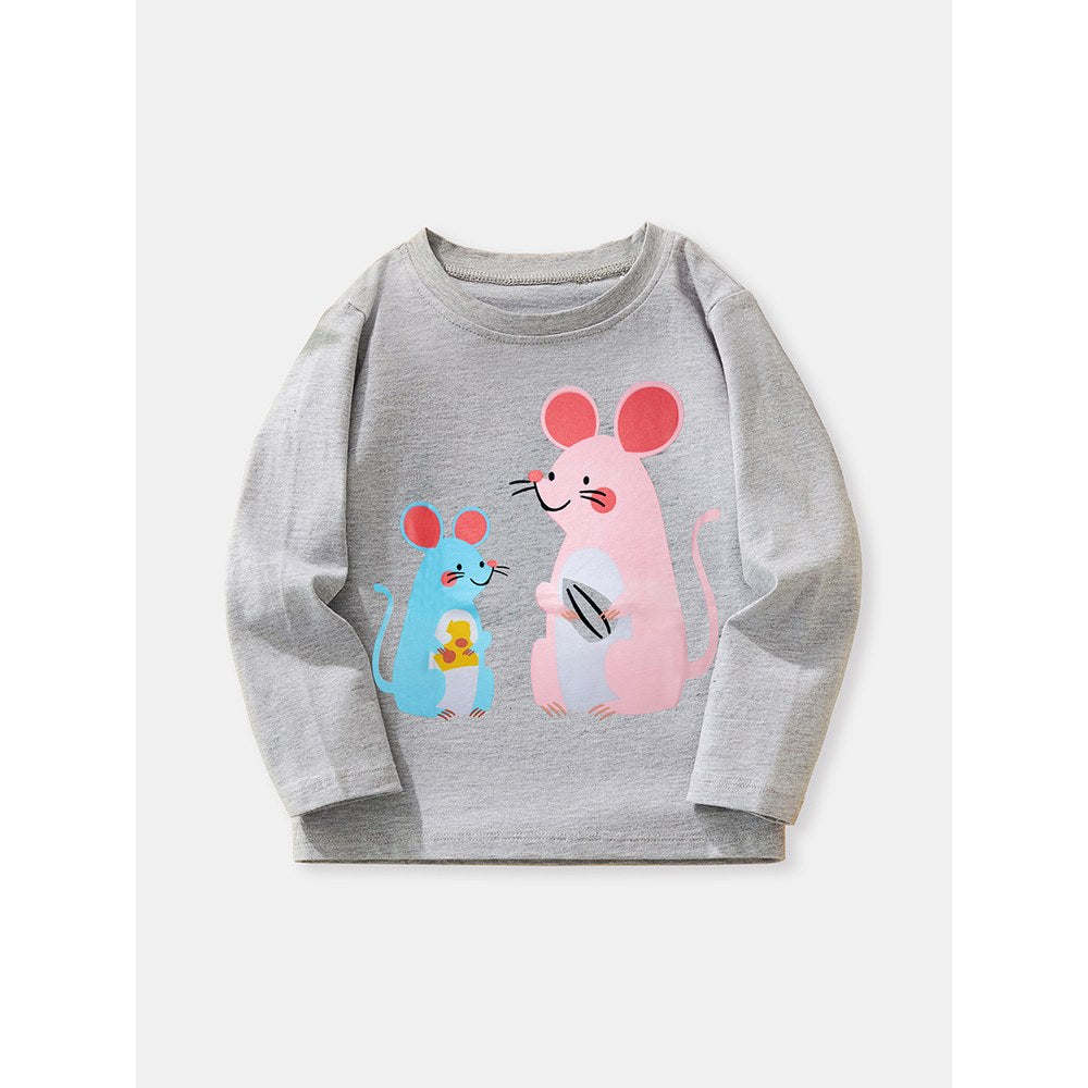 Kids Girls Animals Cartoon Pattern Crew Neck Long Sleeves Top