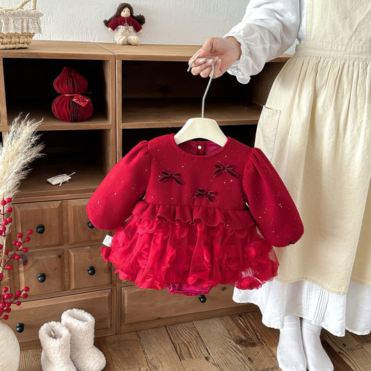 Baby Girls Long Sleeves Dots Pattern Tulle Patchwork Warm Bodysuit Dress