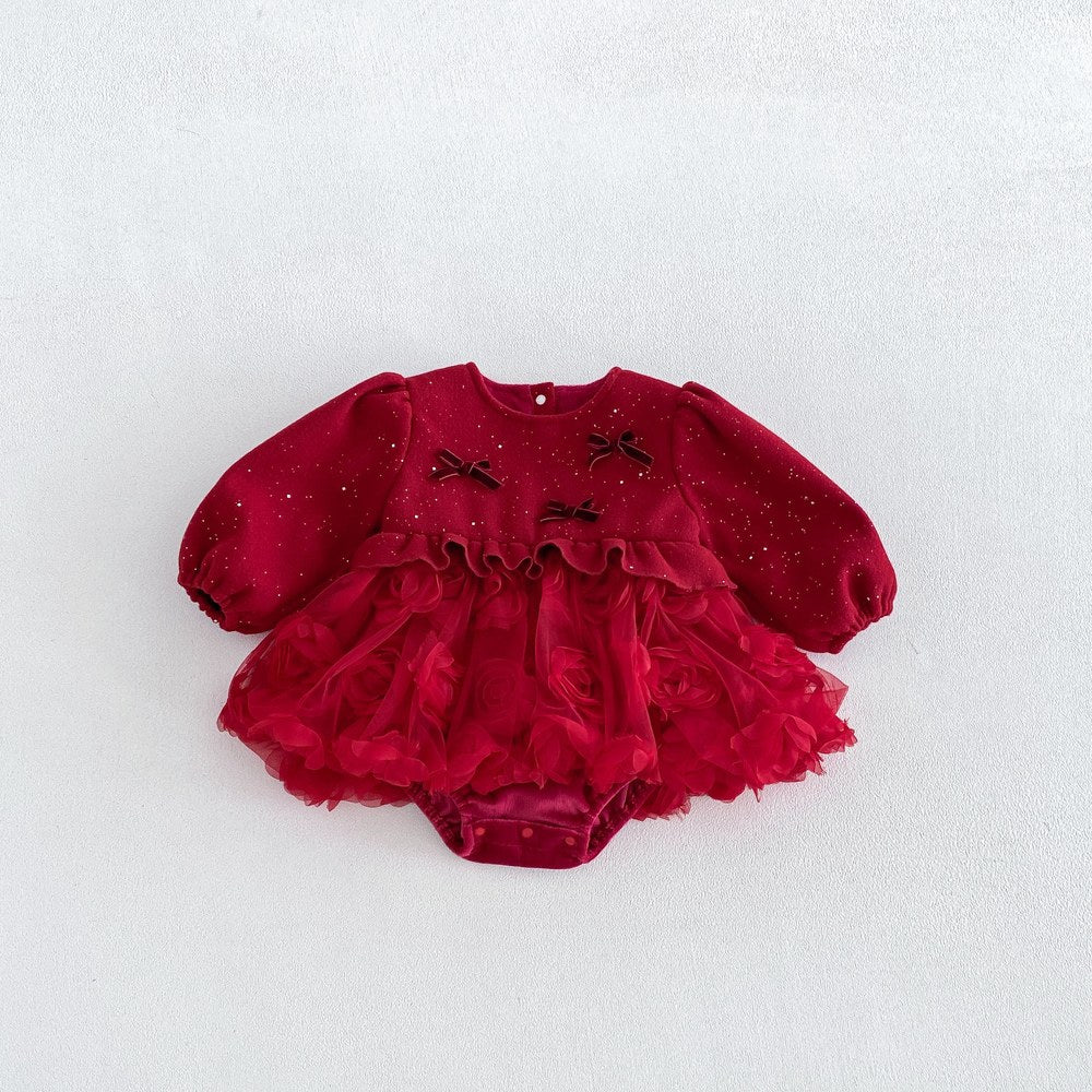 Baby Girls Long Sleeves Dots Pattern Tulle Patchwork Warm Bodysuit Dress