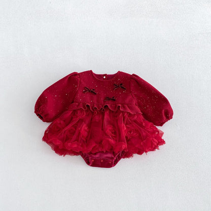 Baby Girls Long Sleeves Dots Pattern Tulle Patchwork Warm Bodysuit Dress