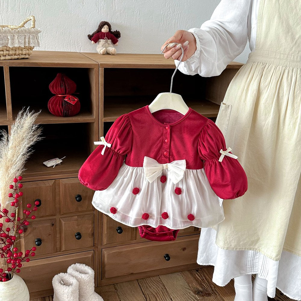 Baby Girls Long Sleeves Geometric Pattern Tulle Patchwork Warm Bodysuit Dress