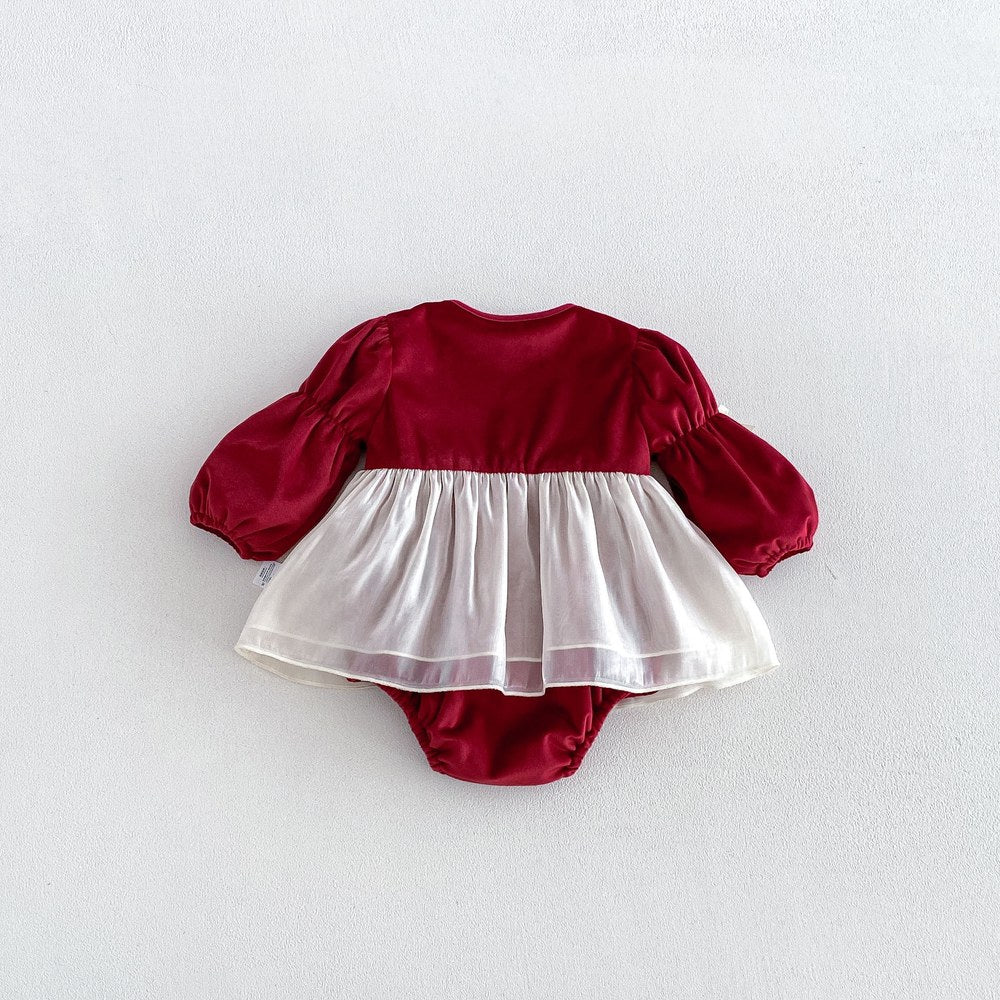 Baby Girls Long Sleeves Geometric Pattern Tulle Patchwork Warm Bodysuit Dress
