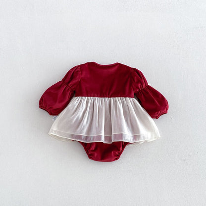 Baby Girls Long Sleeves Geometric Pattern Tulle Patchwork Warm Bodysuit Dress