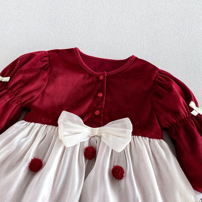 Baby Girls Long Sleeves Geometric Pattern Tulle Patchwork Warm Bodysuit Dress