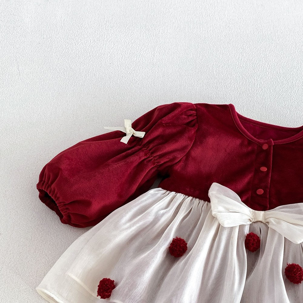 Baby Girls Long Sleeves Geometric Pattern Tulle Patchwork Warm Bodysuit Dress