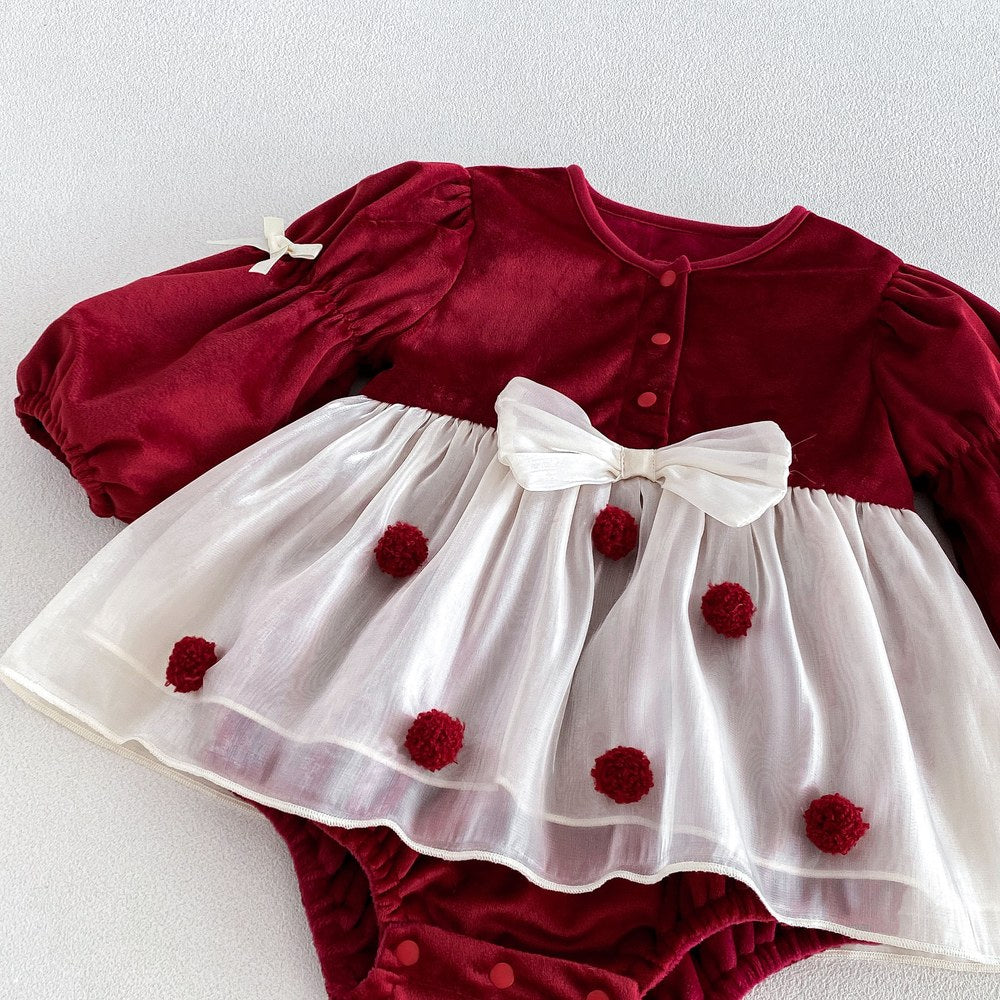 Baby Girls Long Sleeves Geometric Pattern Tulle Patchwork Warm Bodysuit Dress