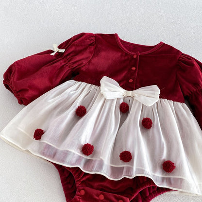 Baby Girls Long Sleeves Geometric Pattern Tulle Patchwork Warm Bodysuit Dress