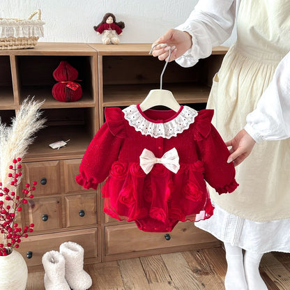 Baby Girls Long Sleeves Flowers Tulle Patchwork Warm Bodysuit Dress