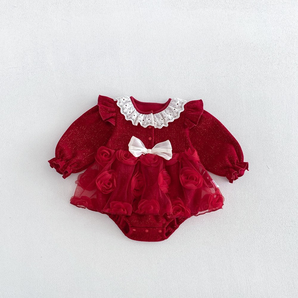 Baby Girls Long Sleeves Flowers Tulle Patchwork Warm Bodysuit Dress