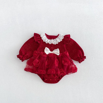 Baby Girls Long Sleeves Flowers Tulle Patchwork Warm Bodysuit Dress