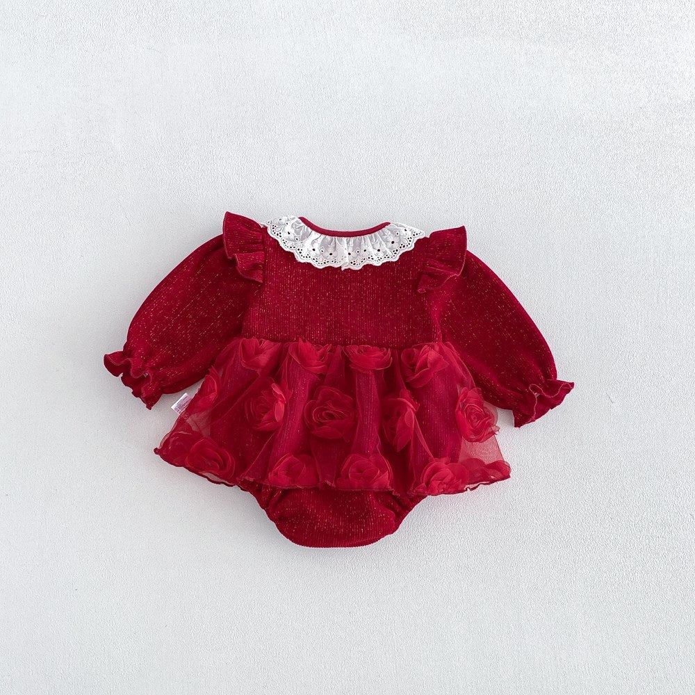 Baby Girls Long Sleeves Flowers Tulle Patchwork Warm Bodysuit Dress