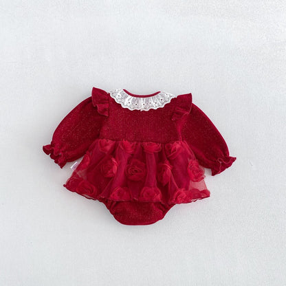 Baby Girls Long Sleeves Flowers Tulle Patchwork Warm Bodysuit Dress