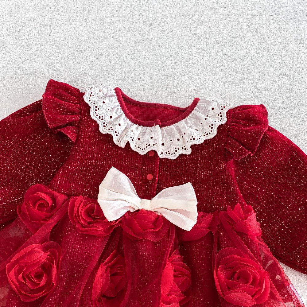 Baby Girls Long Sleeves Flowers Tulle Patchwork Warm Bodysuit Dress