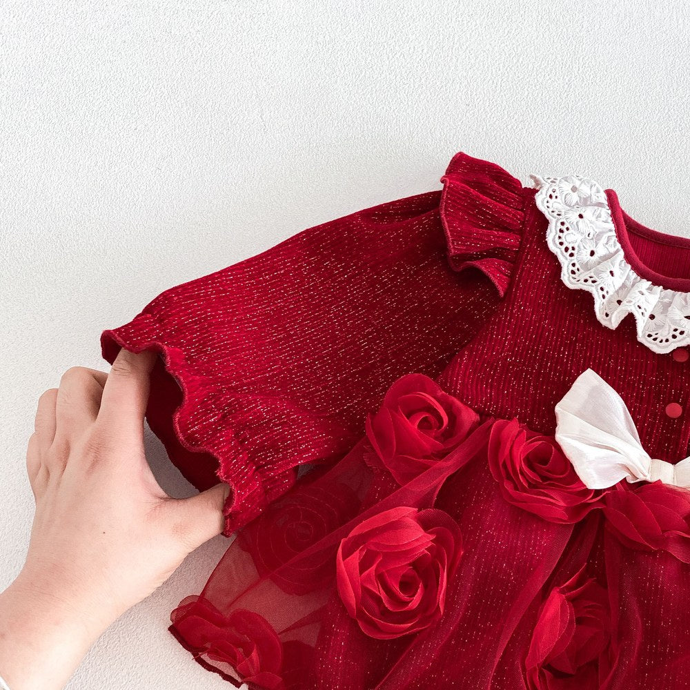 Baby Girls Long Sleeves Flowers Tulle Patchwork Warm Bodysuit Dress