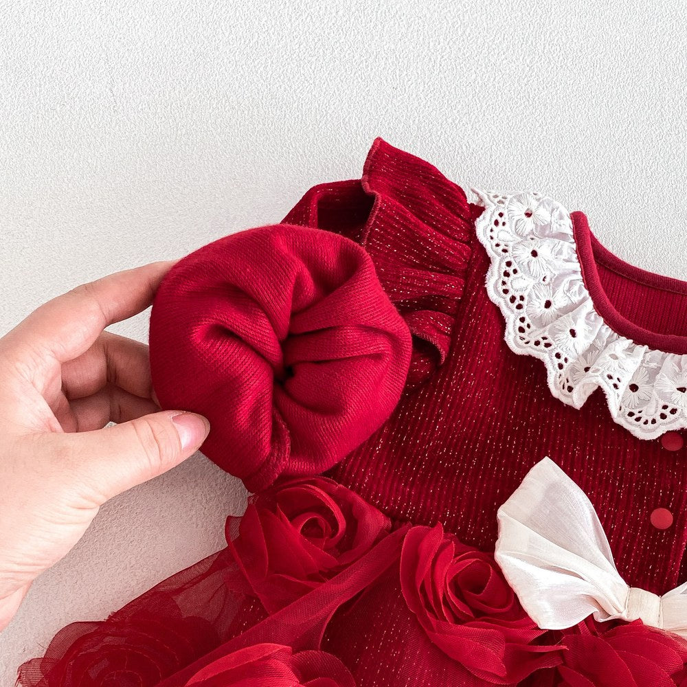 Baby Girls Long Sleeves Flowers Tulle Patchwork Warm Bodysuit Dress