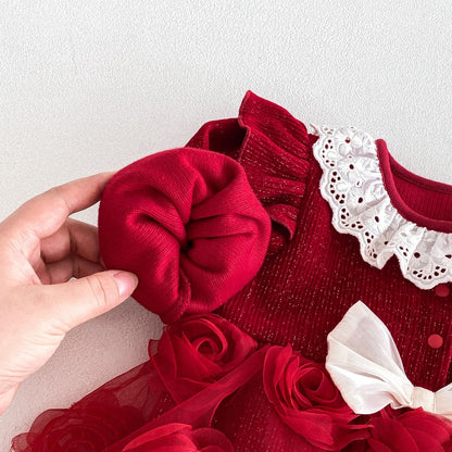 Baby Girls Long Sleeves Flowers Tulle Patchwork Warm Bodysuit Dress