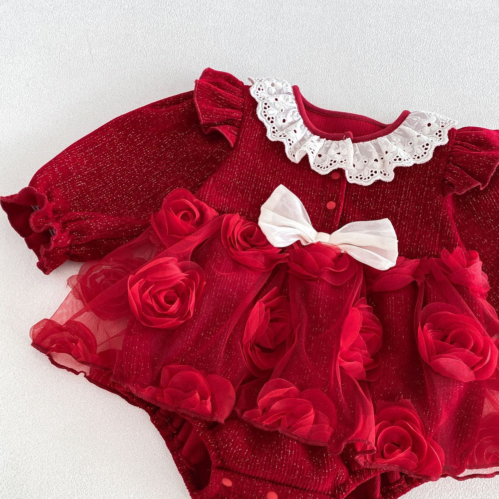 Baby Girls Long Sleeves Flowers Tulle Patchwork Warm Bodysuit Dress