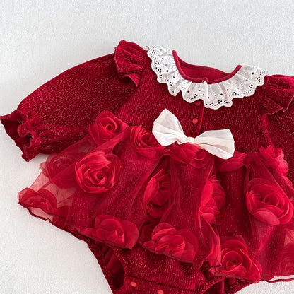 Baby Girls Long Sleeves Flowers Tulle Patchwork Warm Bodysuit Dress