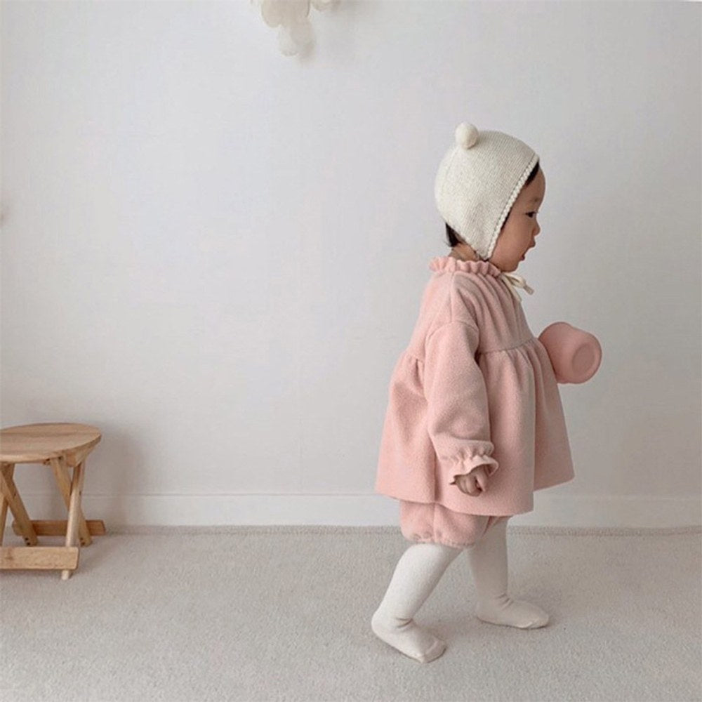Baby Girls Long Sleeves Ruffle Neck Plain Bodysuit