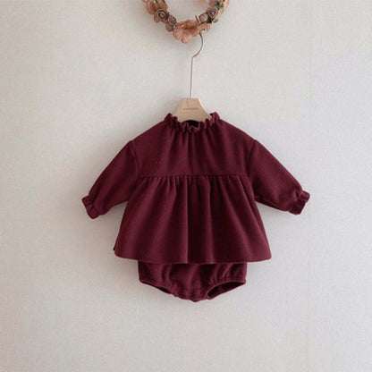 Baby Girls Long Sleeves Ruffle Neck Plain Bodysuit