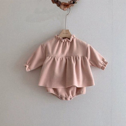 Baby Girls Long Sleeves Ruffle Neck Plain Bodysuit