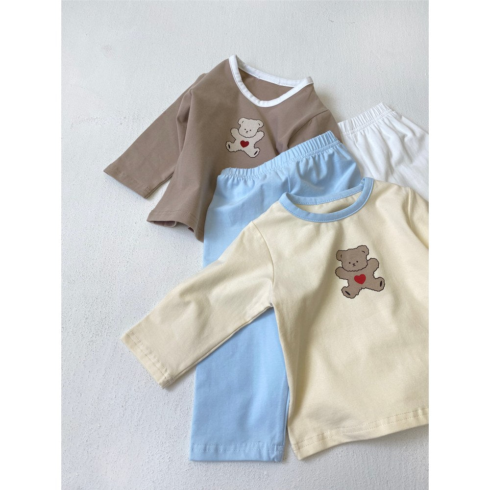 Baby Kids Long Sleeves Teddy Bear Pattern Top and Solid Color Pants 2-piece Pajamas Clothing Set