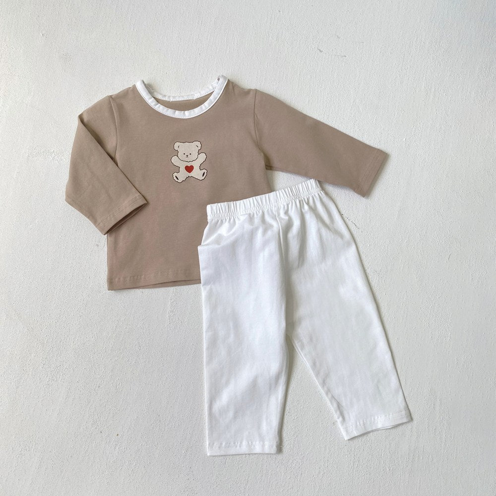 Baby Kids Long Sleeves Teddy Bear Pattern Top and Solid Color Pants 2-piece Pajamas Clothing Set