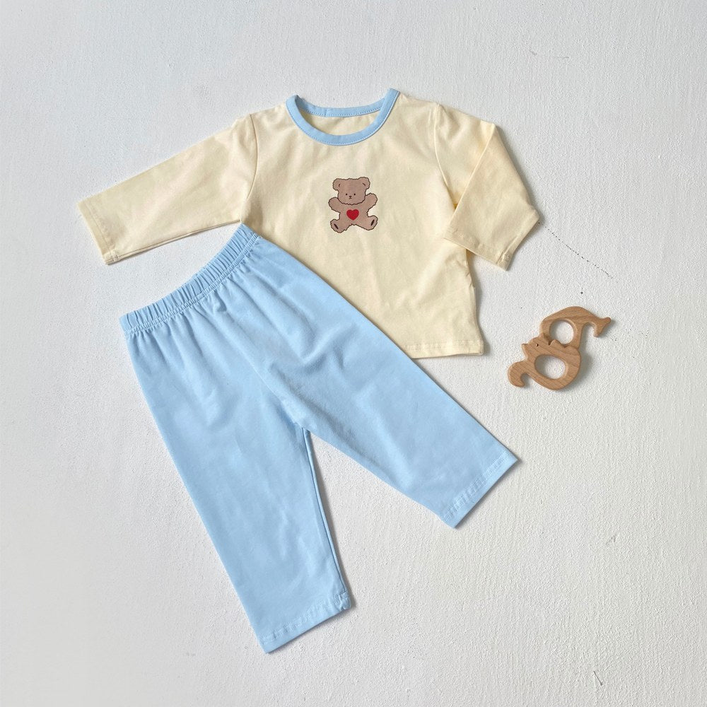 Baby Kids Long Sleeves Teddy Bear Pattern Top and Solid Color Pants 2-piece Pajamas Clothing Set