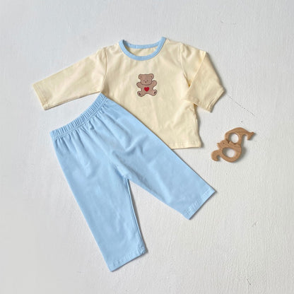 Baby Kids Long Sleeves Teddy Bear Pattern Top and Solid Color Pants 2-piece Pajamas Clothing Set