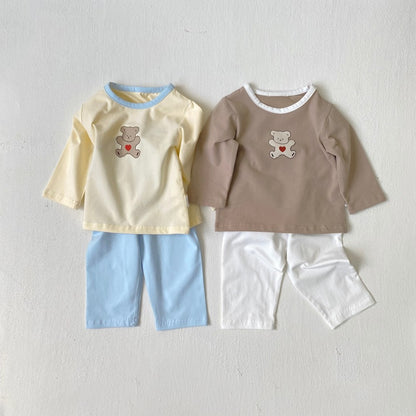 Baby Kids Long Sleeves Teddy Bear Pattern Top and Solid Color Pants 2-piece Pajamas Clothing Set