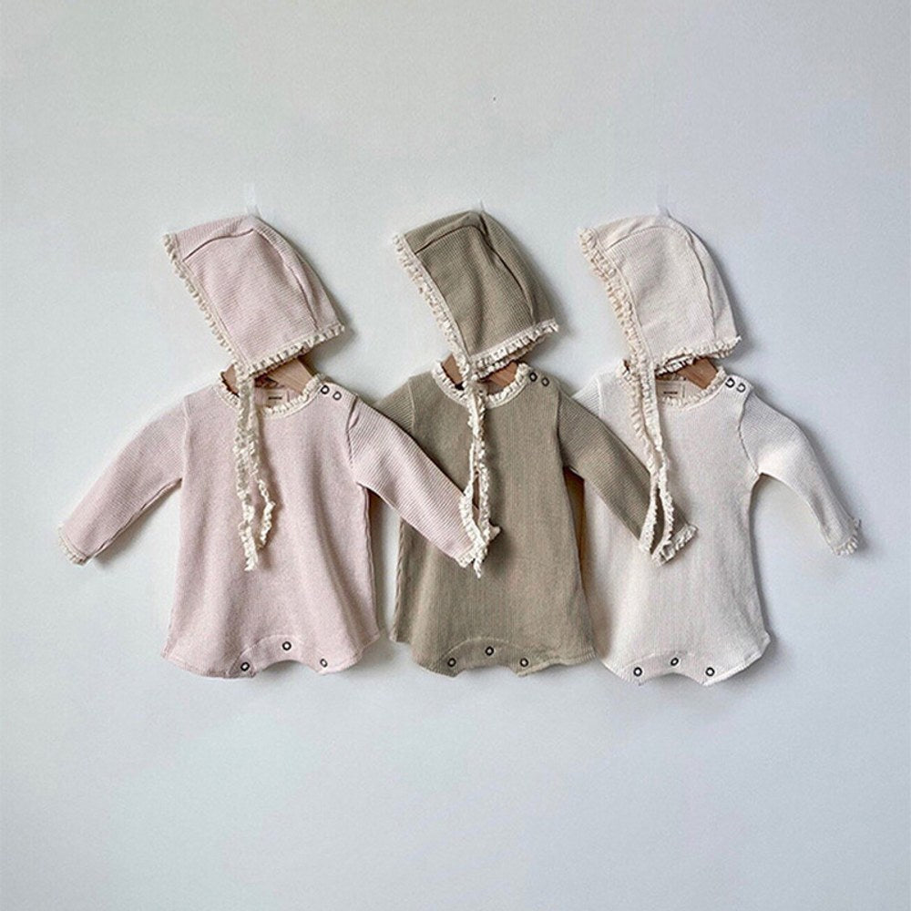 Baby Girls Long Sleeves Solid Color Bodysuit with Hat
