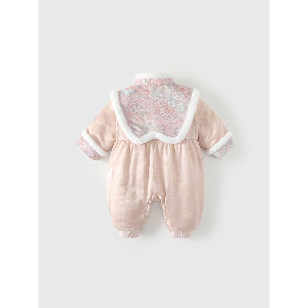Baby Girls Flowers Pattern Fleece-Lined Romper with Shawl