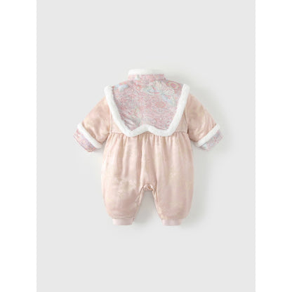 Baby Girls Flowers Pattern Fleece-Lined Romper with Shawl