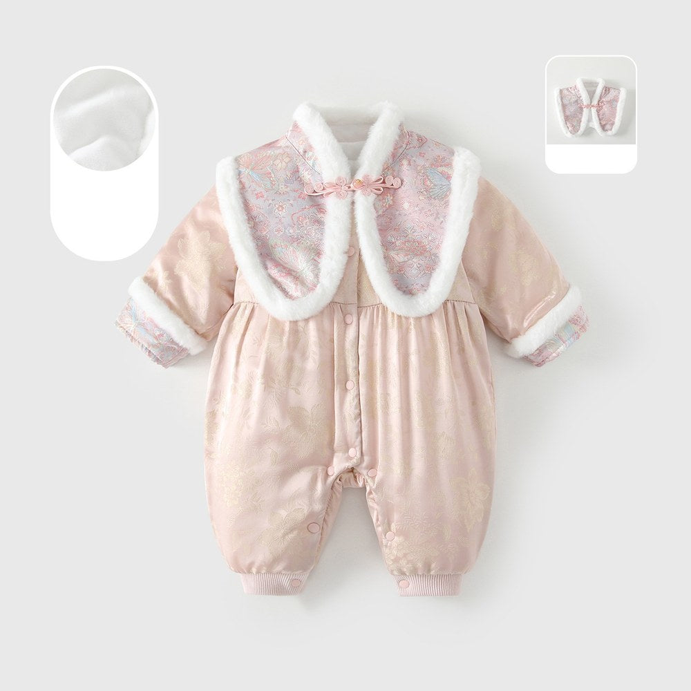Baby Girls Flowers Pattern Fleece-Lined Romper with Shawl