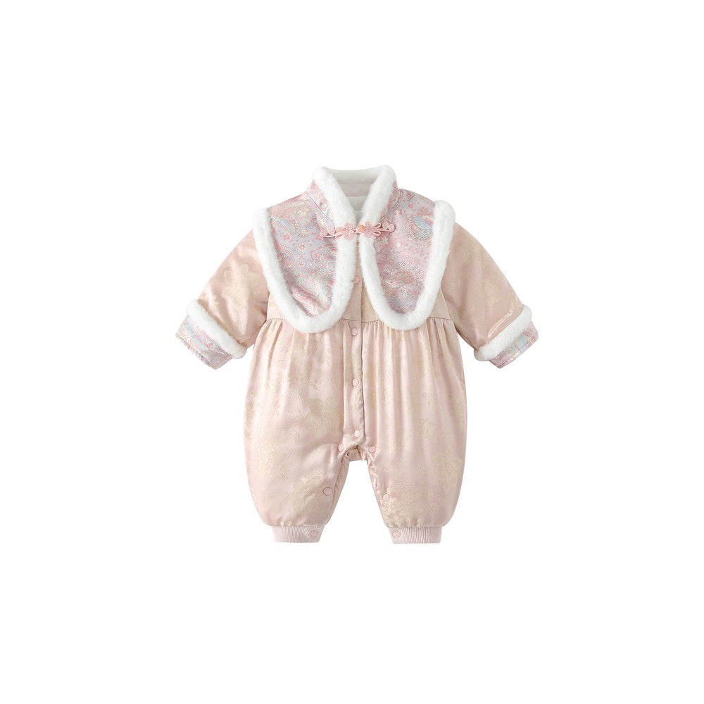 Baby Girls Flowers Pattern Fleece-Lined Romper with Shawl